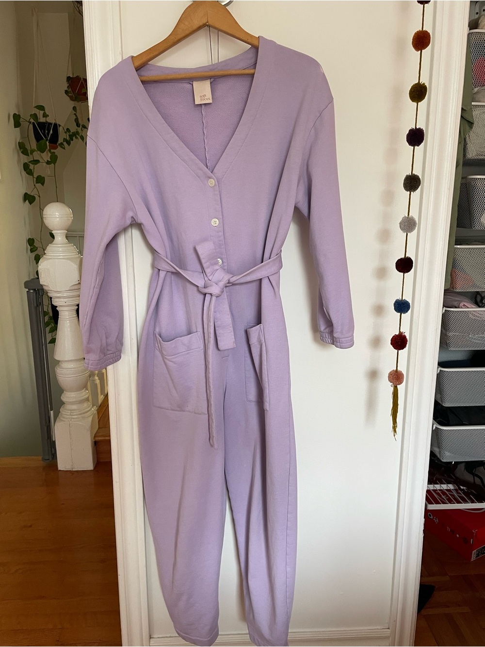 In Soft Focus Lavender Button-Front Jumpsuit with Belt